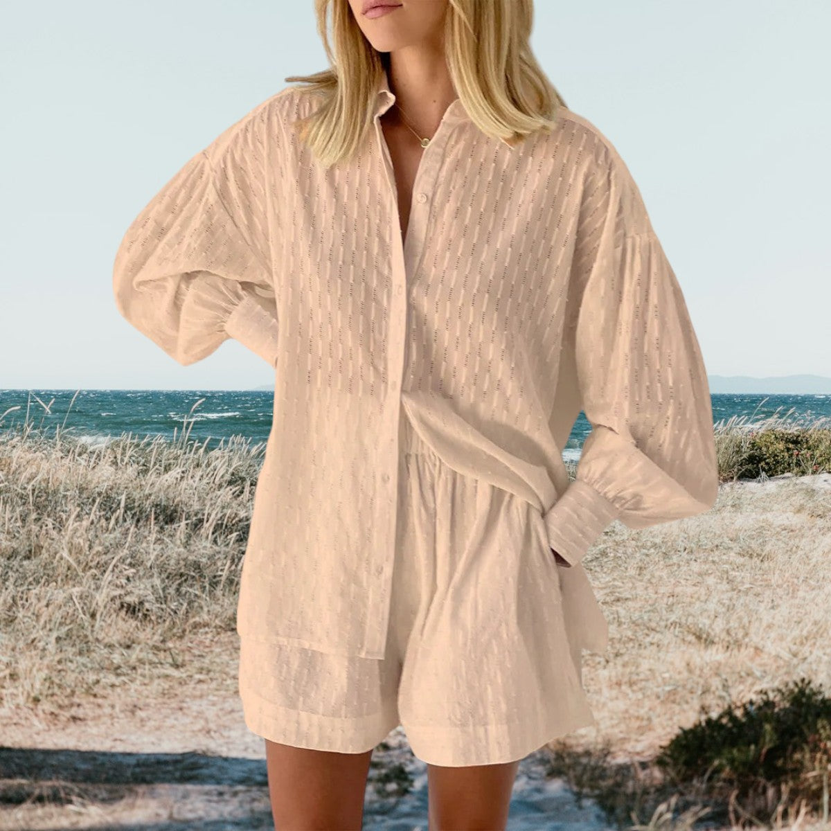 Cream button-front shirt and drawstring-waist shorts set with puff sleeves