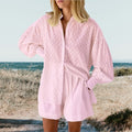 Pink button-front shirt and drawstring-waist shorts set with puff sleeves
