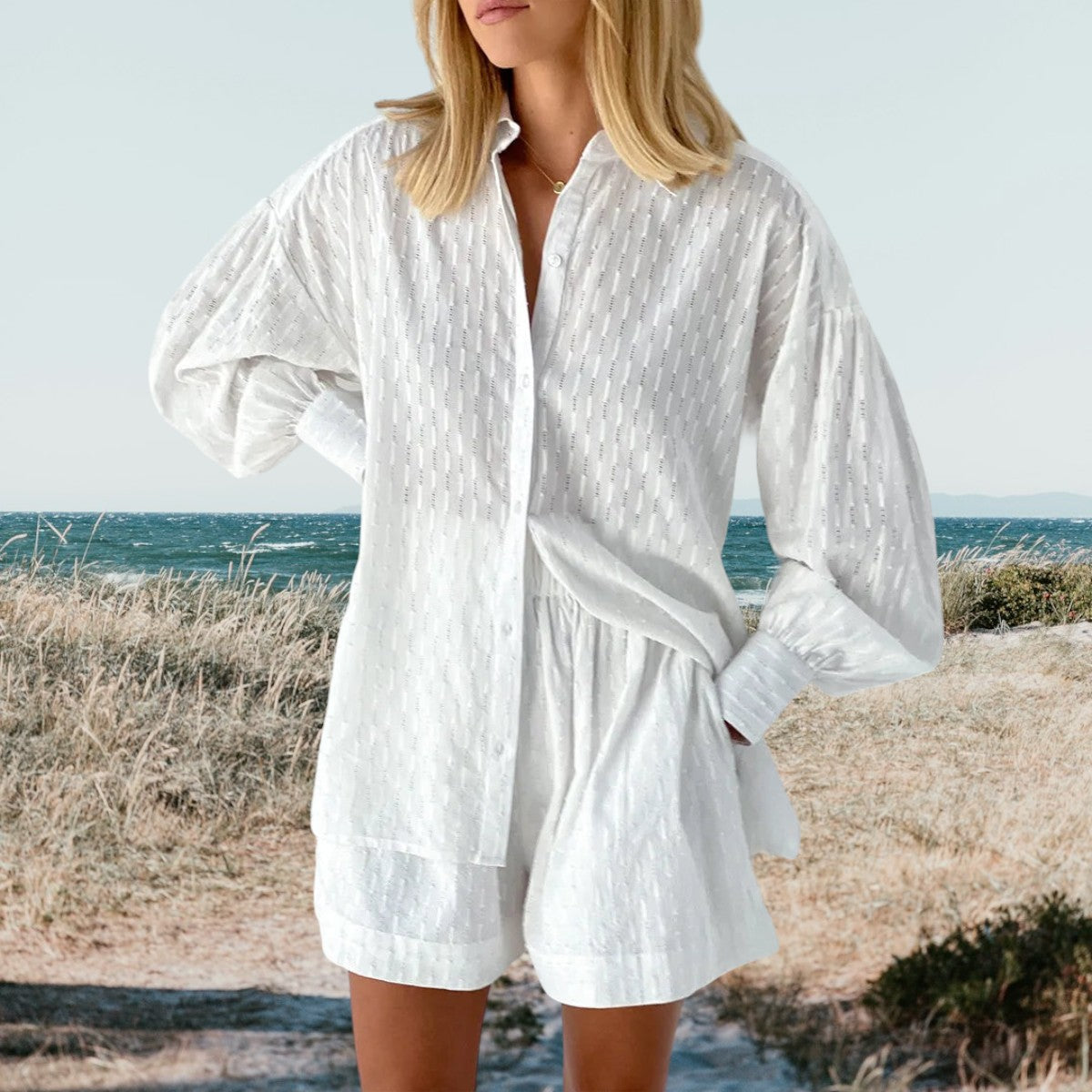 White button-front shirt and drawstring-waist shorts set with puff sleeves