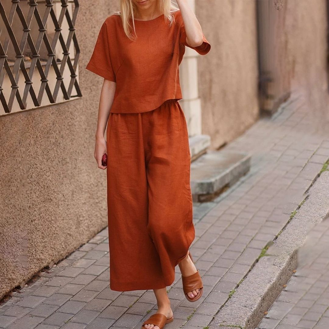 Rust orange short-sleeve top and wide-leg pants two-piece casual set