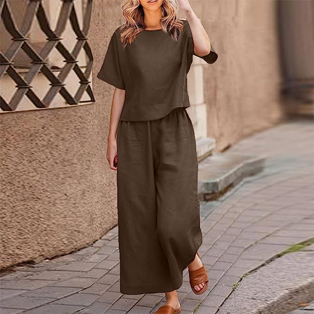 Dark olive short-sleeve top and wide-leg pants two-piece casual set