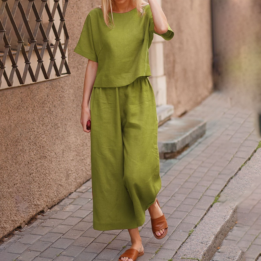 Lime green short-sleeve top and wide-leg pants two-piece casual set