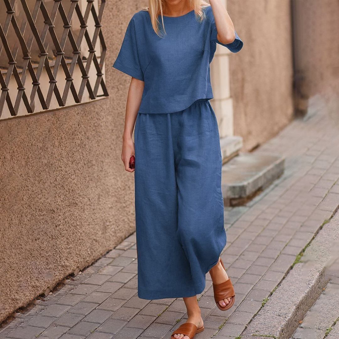 Denim blue short-sleeve top and wide-leg pants two-piece casual set