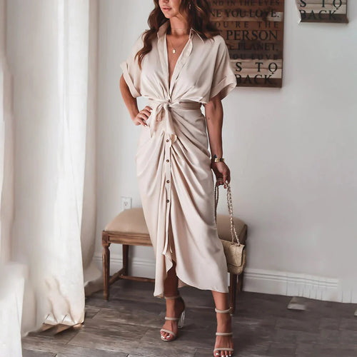 Beige midi shirt dress with knot waist and button-front placket