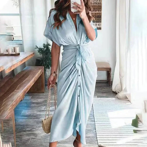 Blue midi shirt dress with tie waist and button-front details