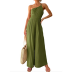 Olive green halter-neck wide-leg jumpsuit with smocked bodice and elastic waist
