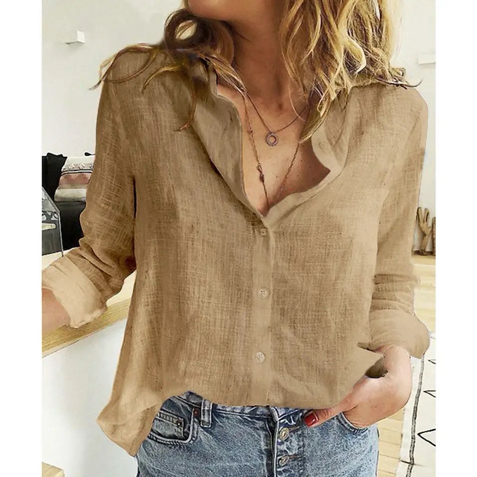 Beige casual button-down shirt with long sleeves, V-neck, and button front