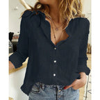 Dark navy casual button-down shirt with long sleeves, V-neck, and button front