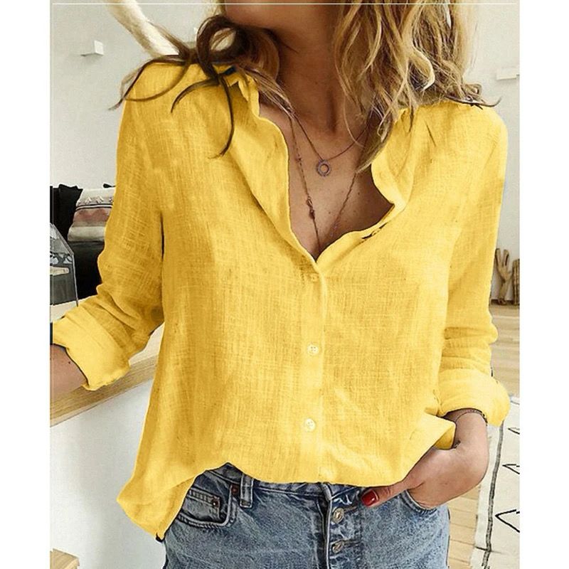 Yellow casual button-down shirt with long sleeves, V-neck, and button front
