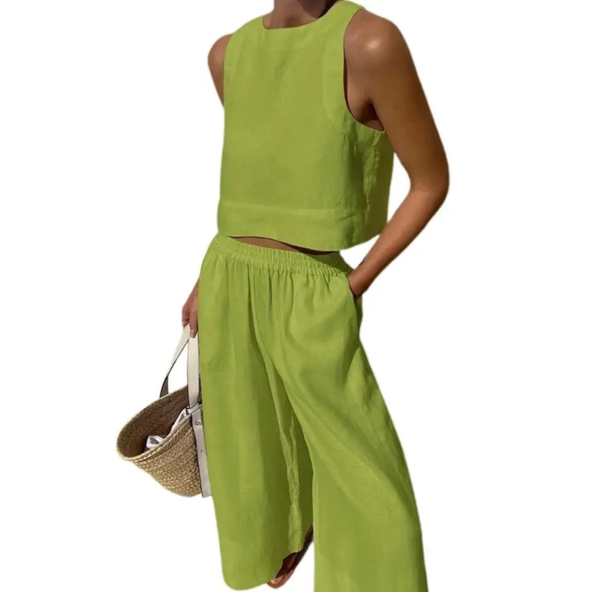 Two-piece sleeveless crop top and wide-leg pants set, lime green with elastic waist