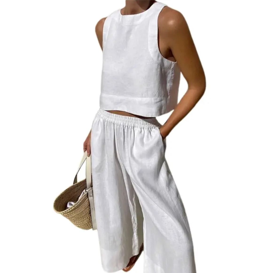 Two-piece sleeveless crop top and wide-leg pants set, white with elastic waist