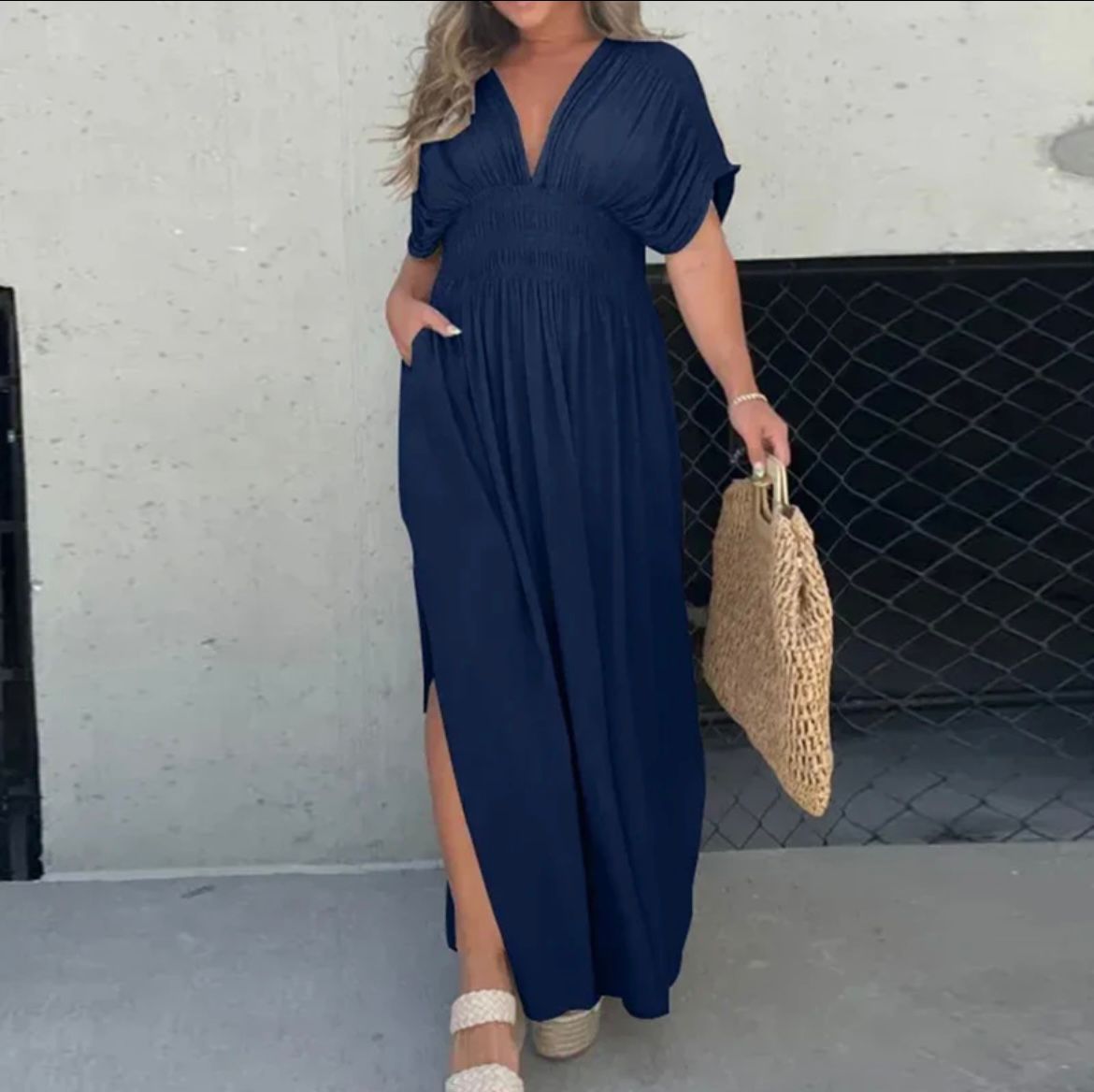 Astrid™ summer dress, navy V-neck with puff sleeves and front side slit, gathered waist