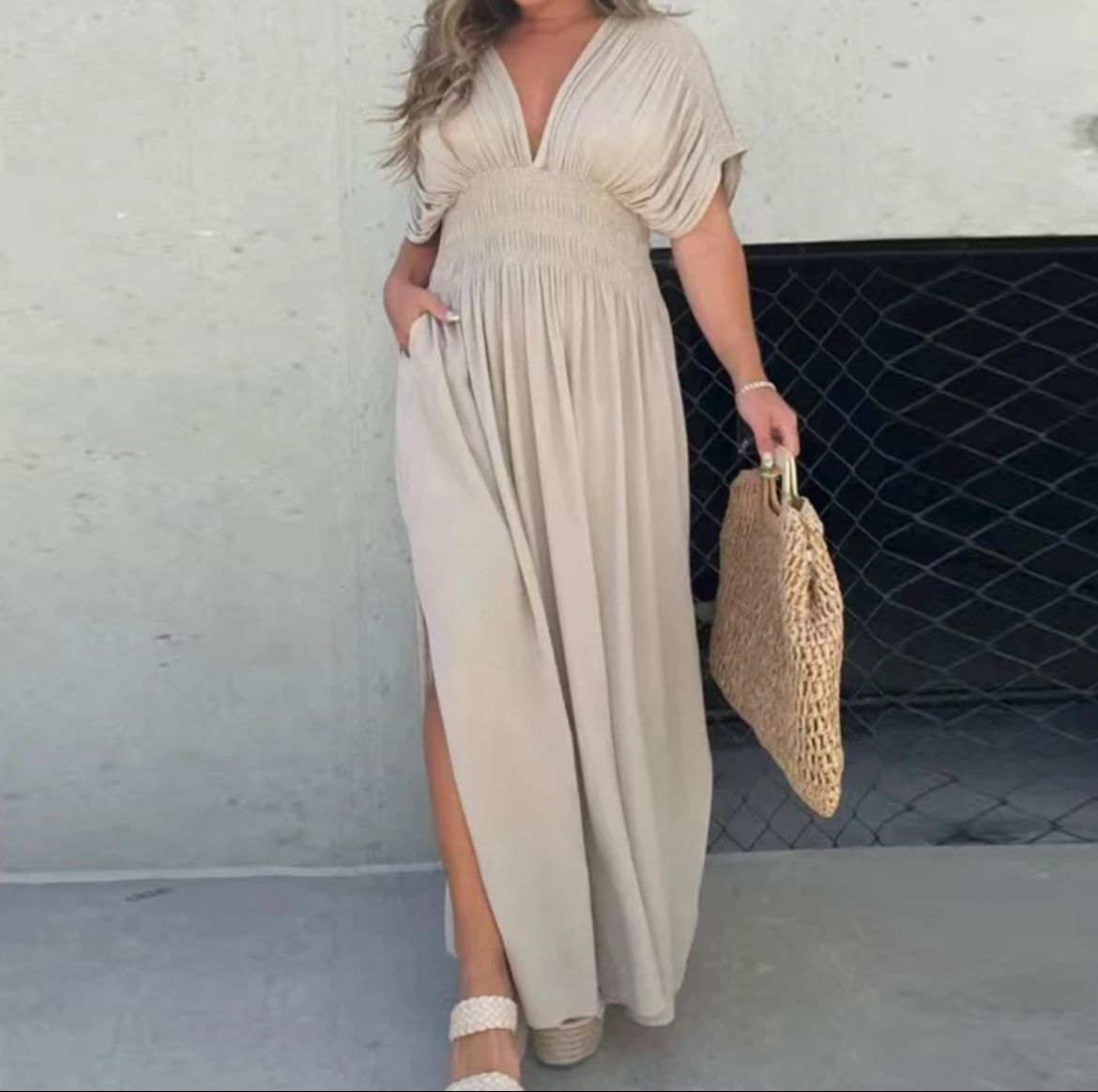 Astrid™ summer dress, beige V-neck with puff sleeves and side slit, gathered waist