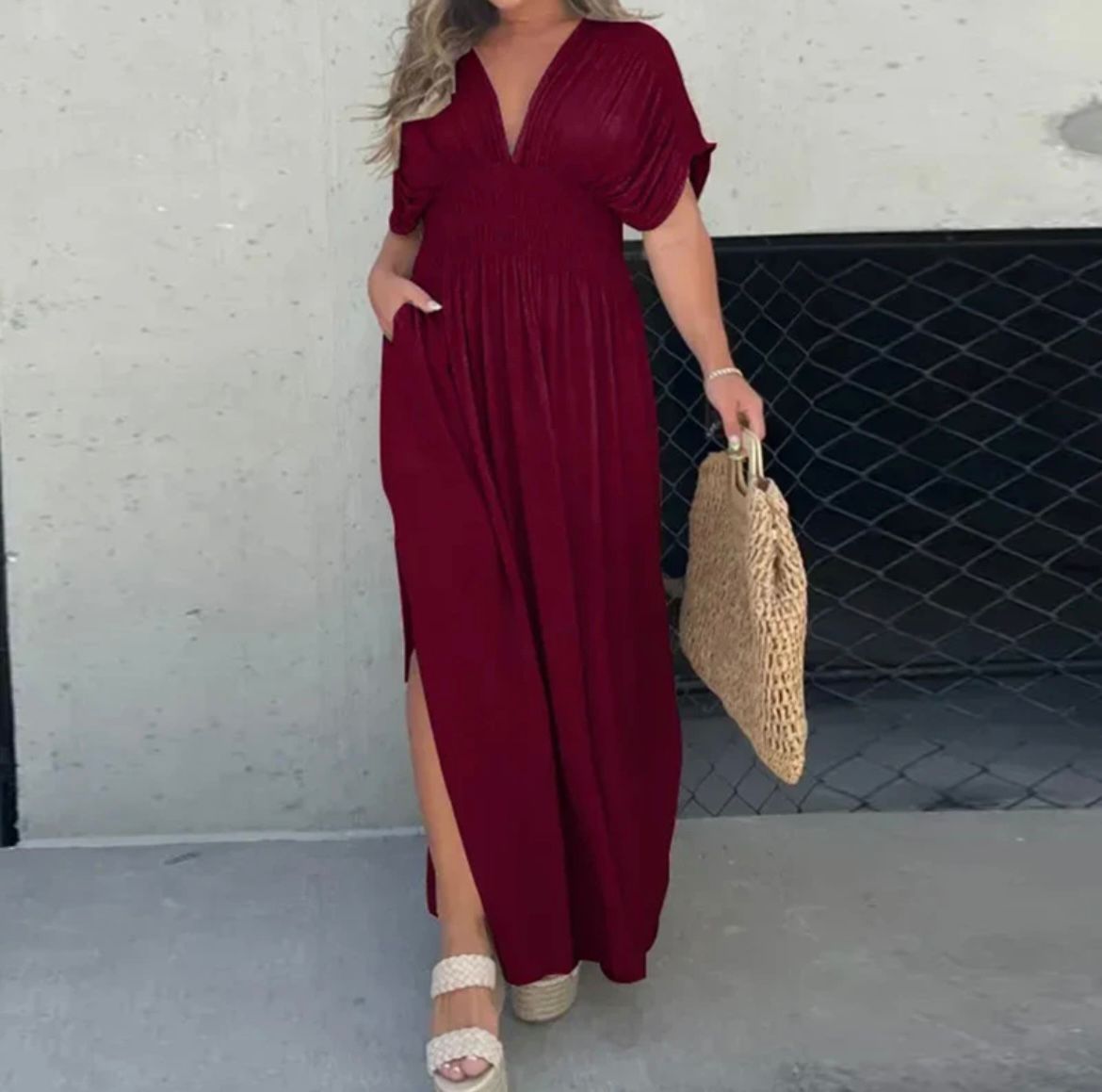Astrid™ summer dress, wine V-neck with puff sleeves, gathered waist and front side slit