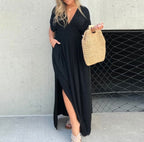 Astrid™ summer dress, black V-neck with puff sleeves and side slit, gathered waist