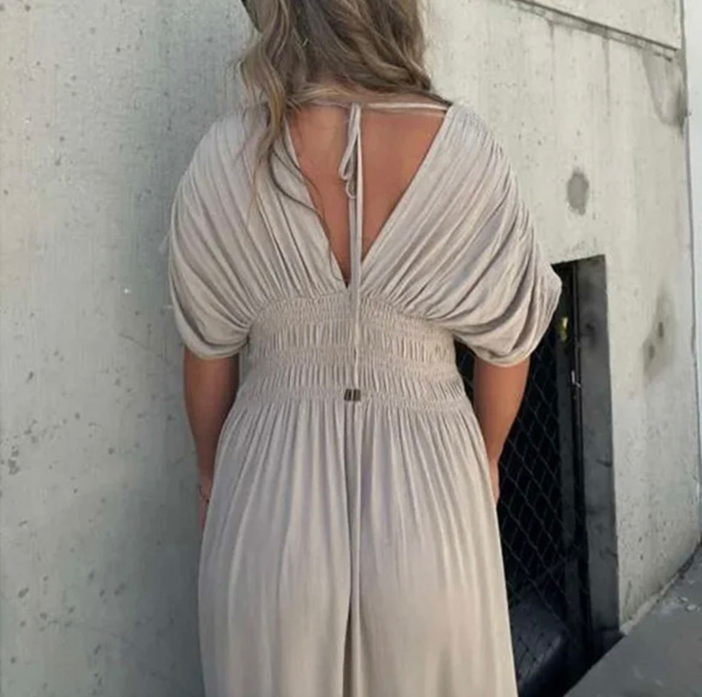 Astrid™ summer dress back view, cream keyhole V opening and gathered waist