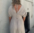 Astrid™ summer dress back view, cream keyhole V opening and gathered waist