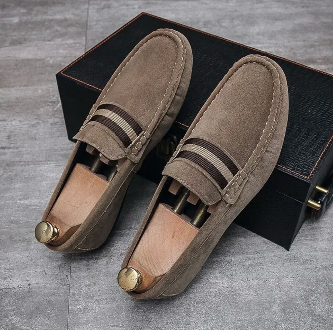 Beige suede slip-on instapper loafers with striped band at vamp