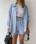 Esra™ Chique co-ord set in light blue: button-front overshirt and drawstring shorts