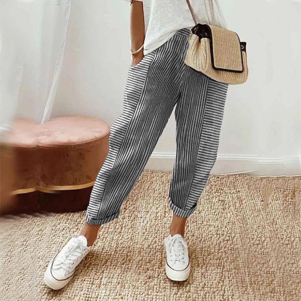 Striped summer trousers with ribbed cuffs, dark blue/black vertical stripes