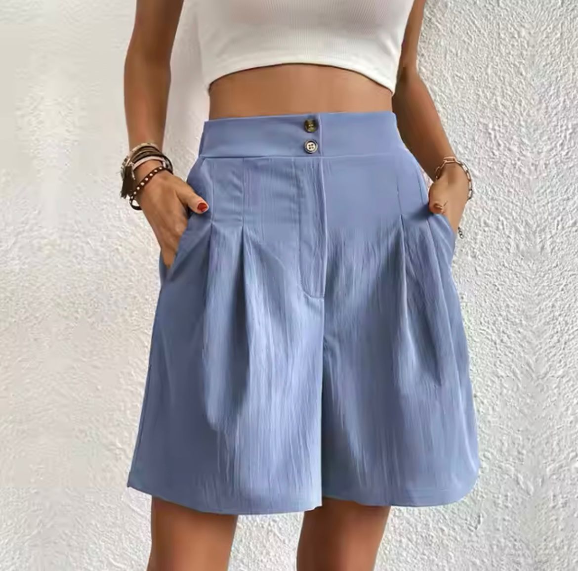 Evelin™ women's light blue A-line shorts with button front and side pockets