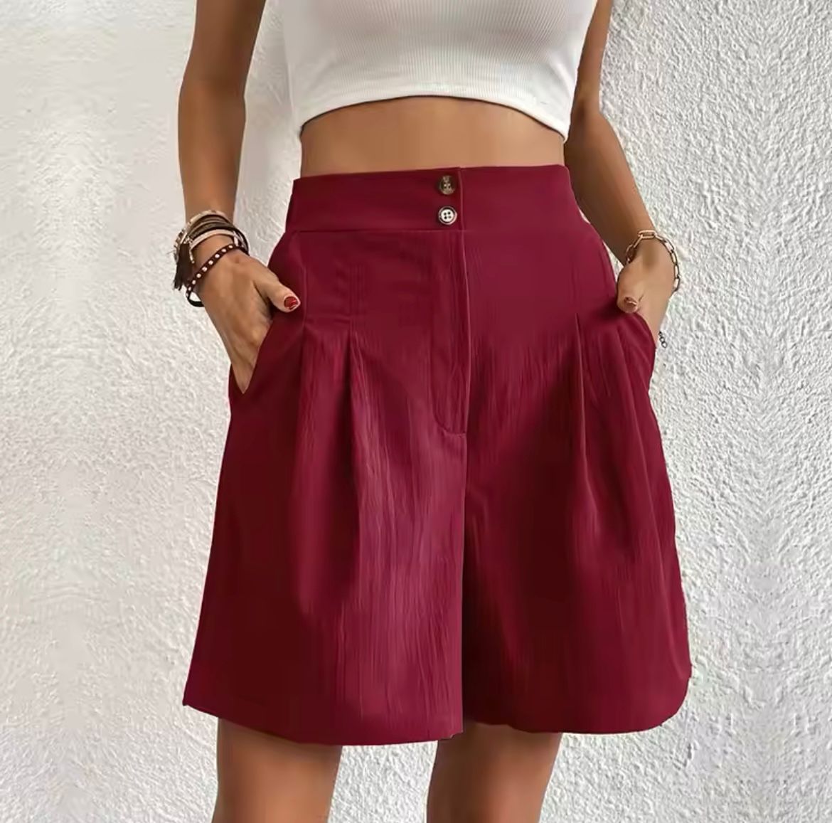 Evelin™ women's burgundy A-line shorts with button front and side pockets