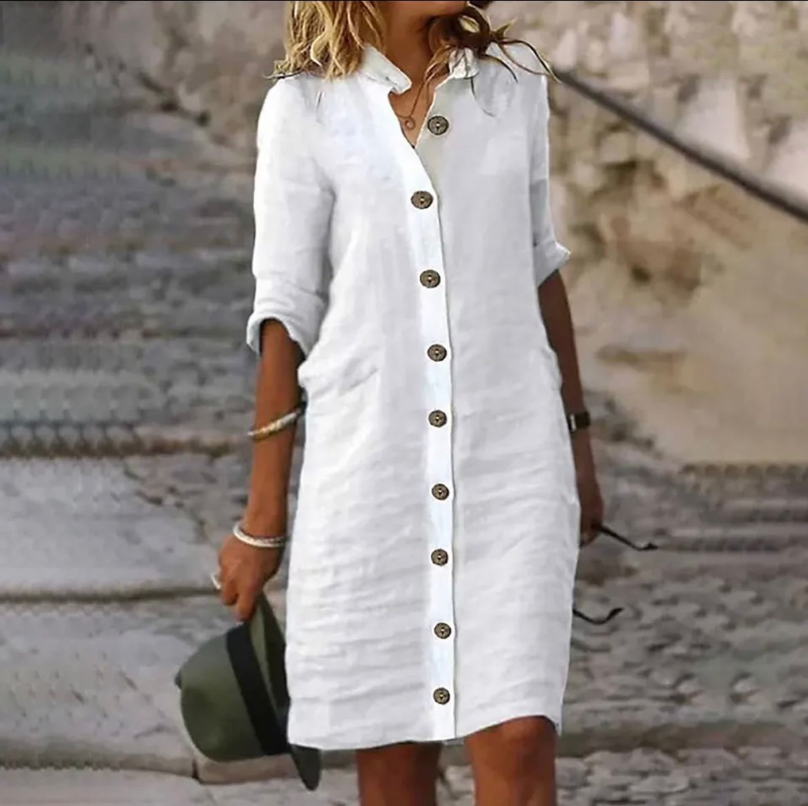 Laura™ white linen button-front dress with collar and 3/4 sleeves