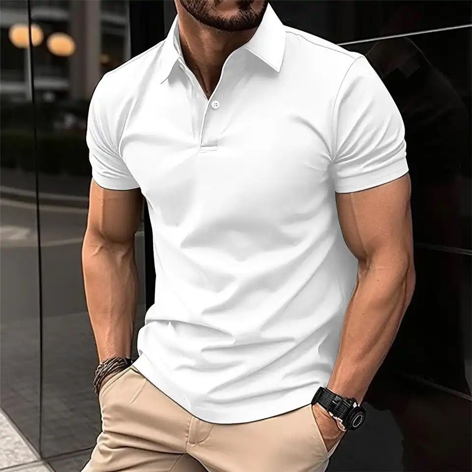 Men's white polo shirt with collar and button placket