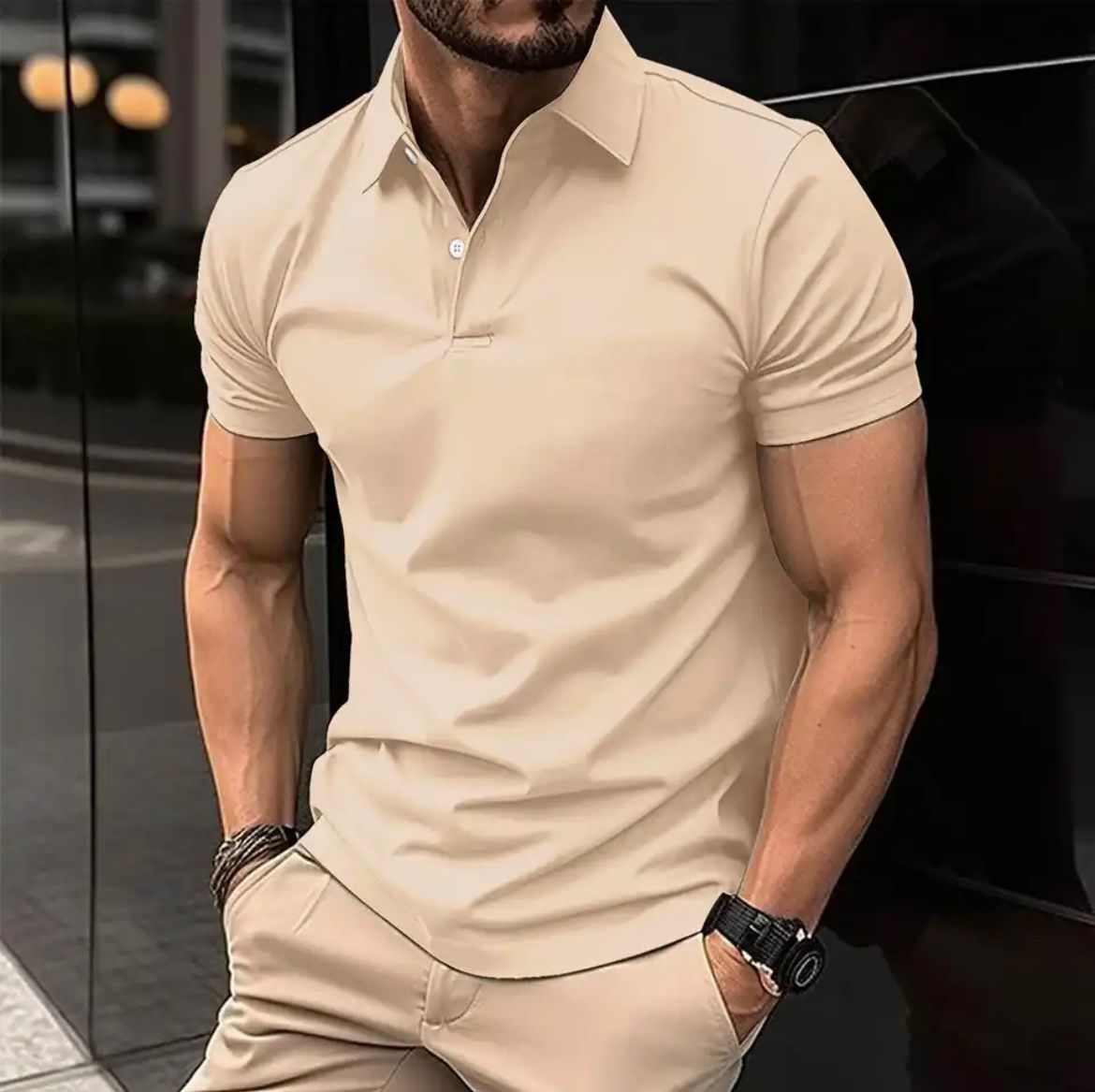 Men's beige polo shirt with collar, button placket, and short sleeves