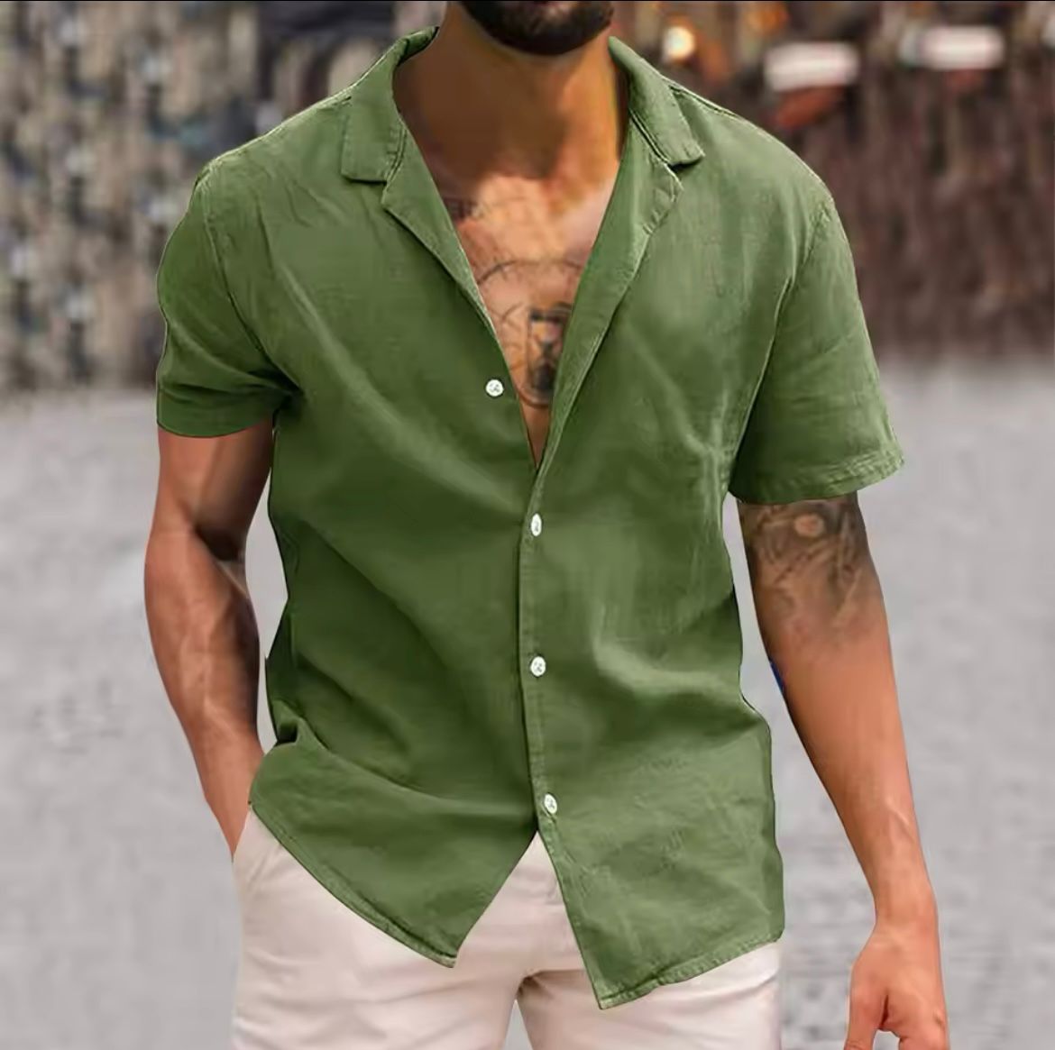 Men's short-sleeve button-up shirt, green camp collar style