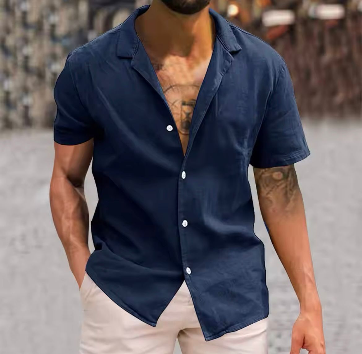Men's short-sleeve button-up shirt, navy camp collar style