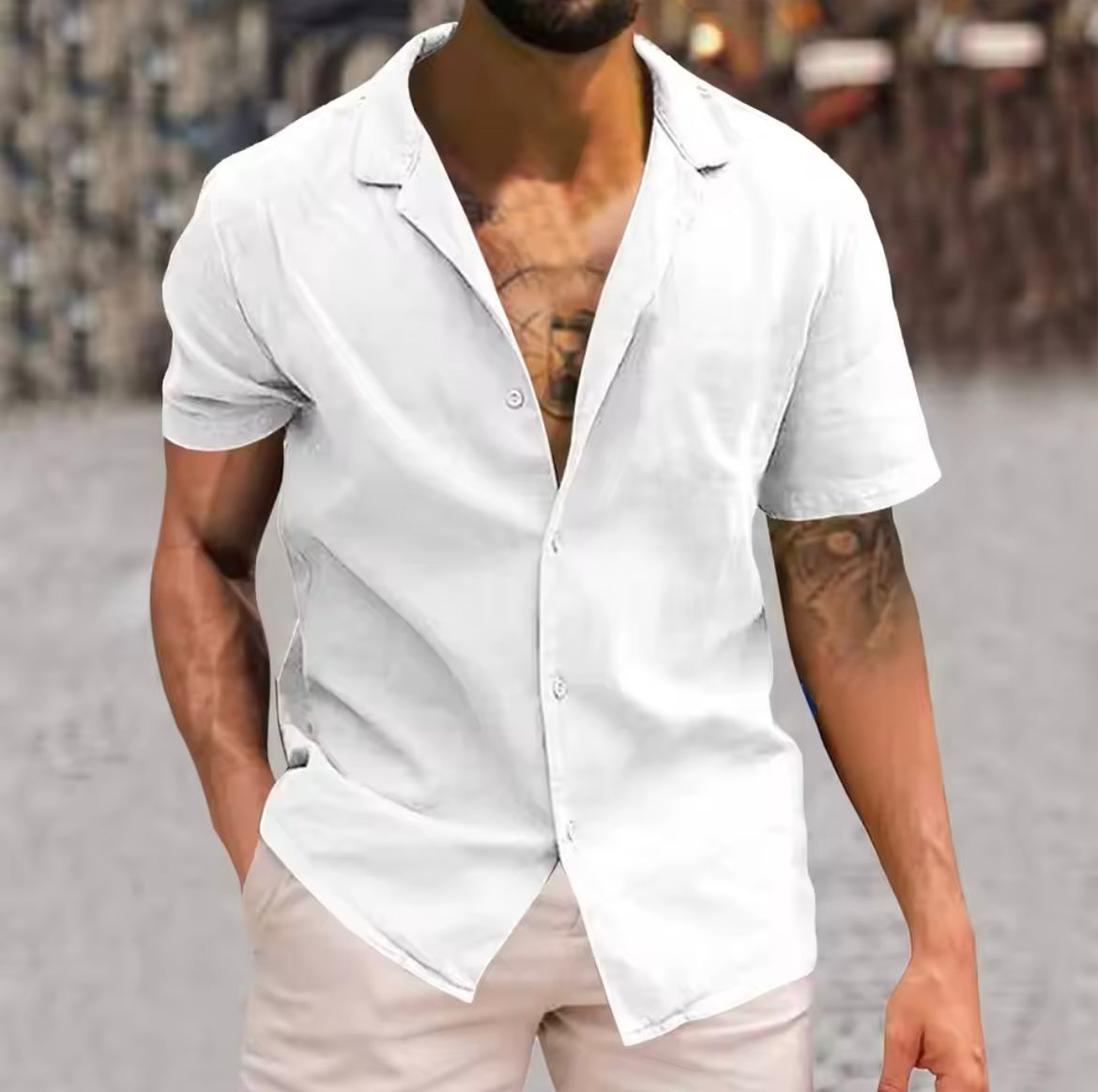 Men's short-sleeve button-up shirt, white camp collar style