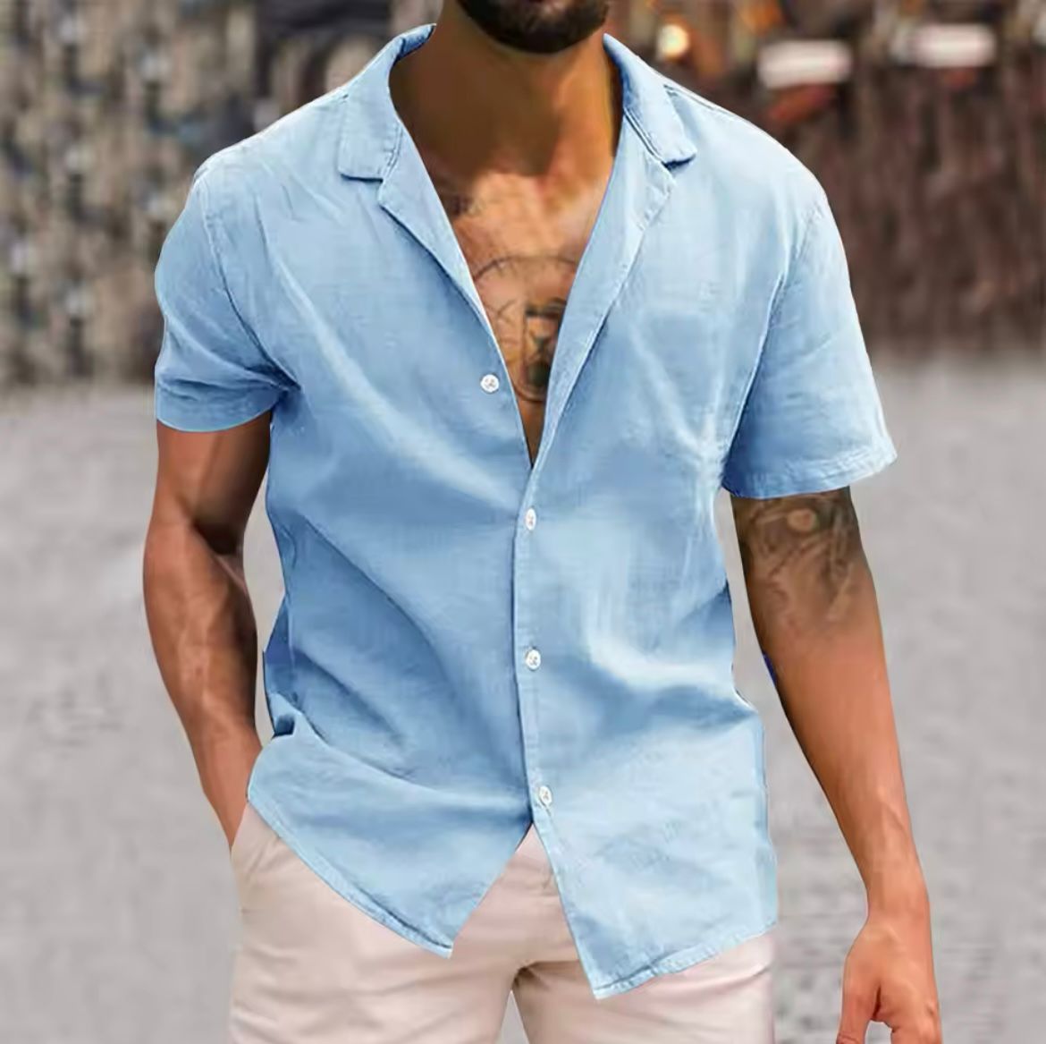 Men's short-sleeve button-up shirt, light blue camp collar style