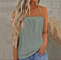 Strapless eyelet summer top in sage green with lace perforation and trim