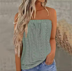Strapless eyelet summer top in sage green with lace perforation and trim