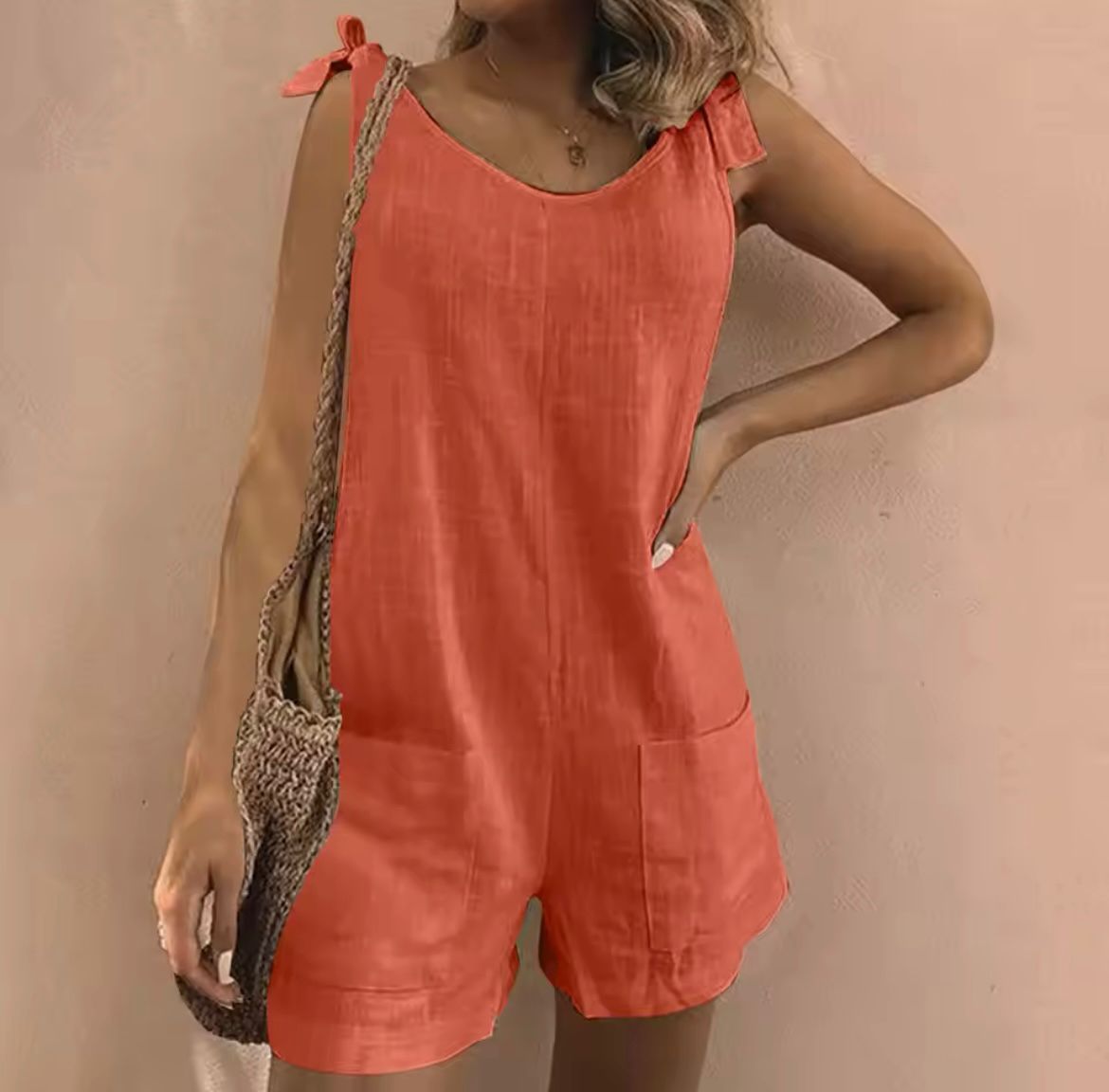 Sofia™ elegant red sleeveless romper with scoop neck and side pockets, short legs