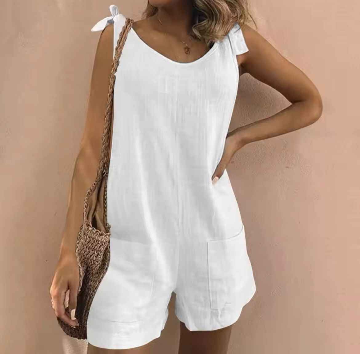 Sofia™ elegant white sleeveless romper with scoop neck and side pockets, short legs