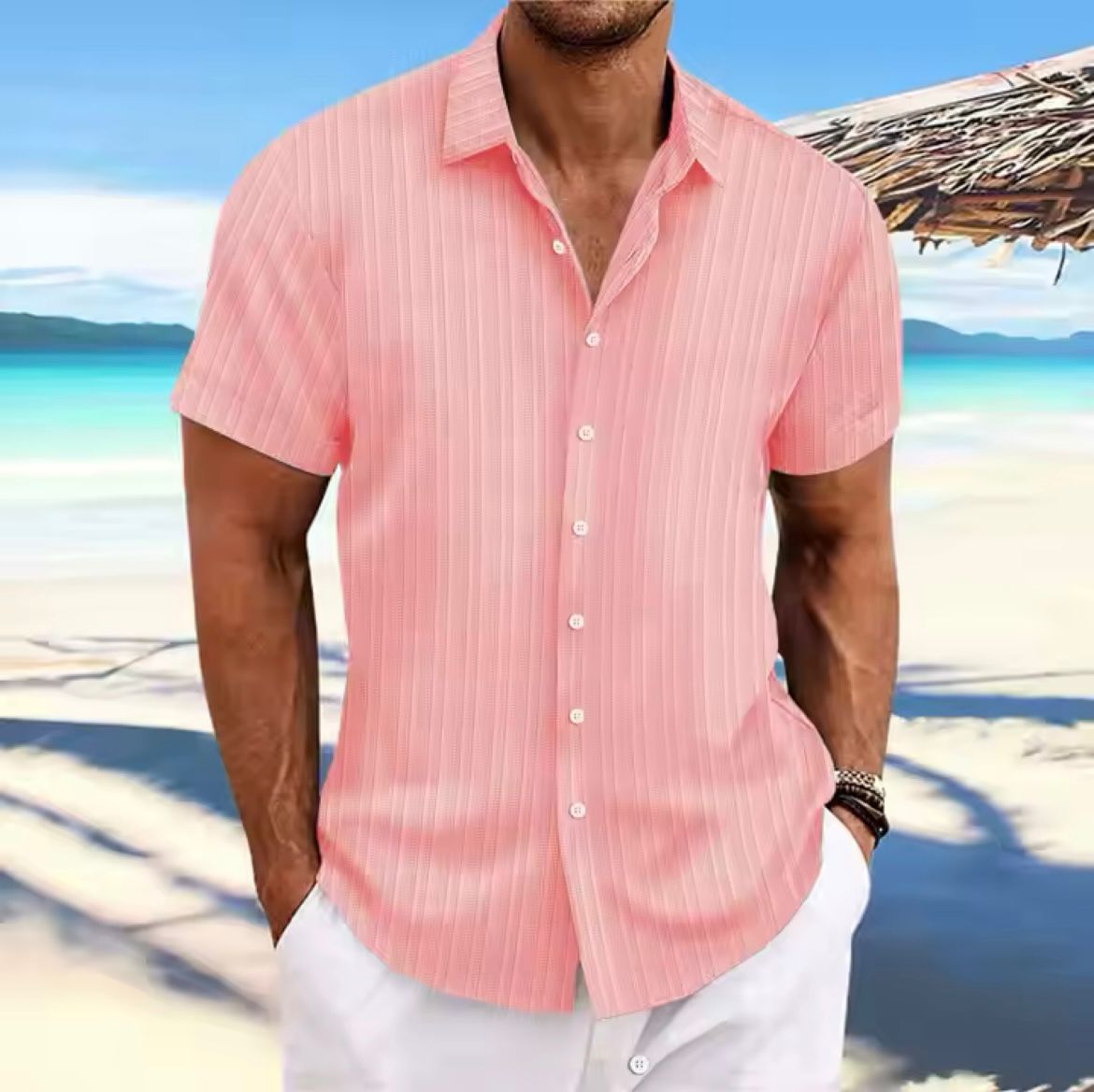 Pink pinstripe short-sleeve button-up casual blouse with spread collar