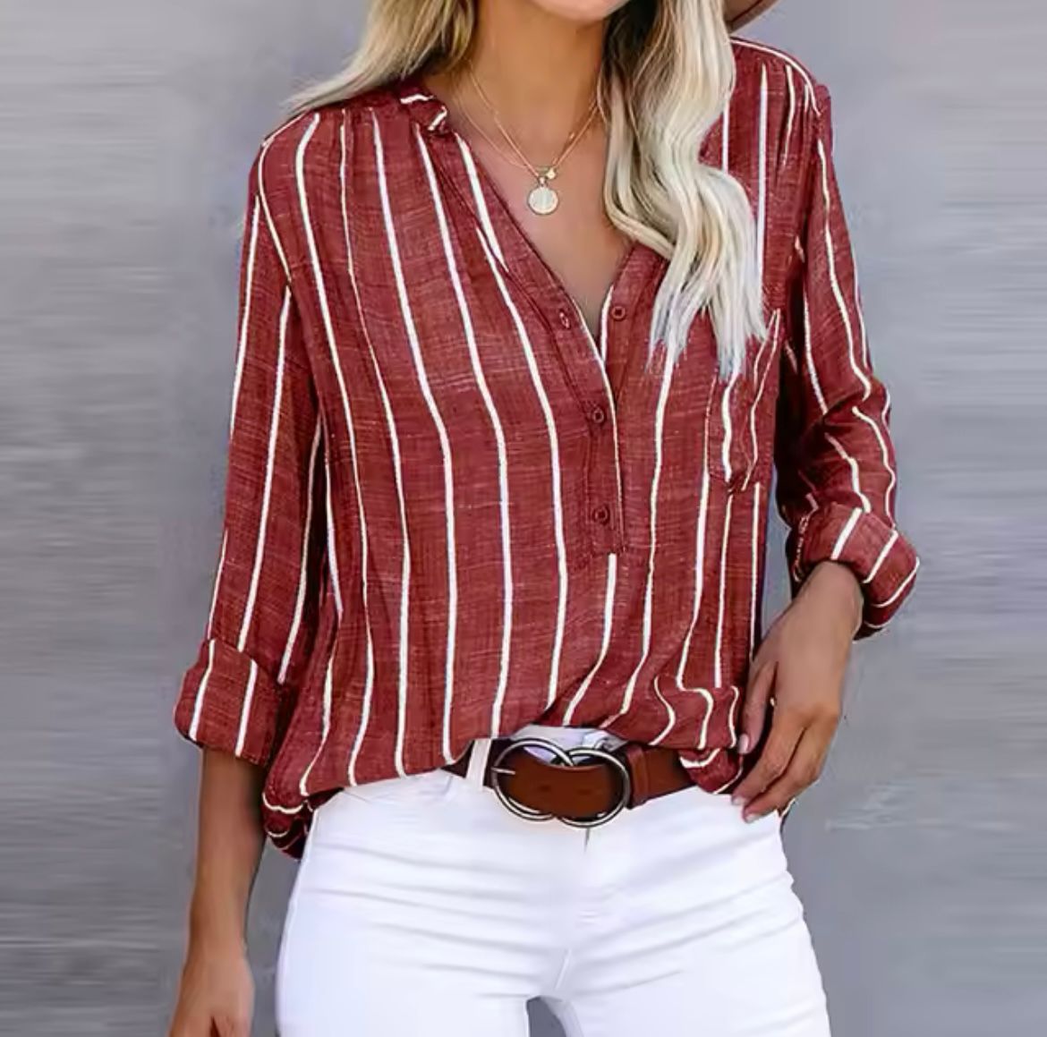 Lise™ striped summer blouse, button-front, 3/4 sleeves, red with white vertical stripes