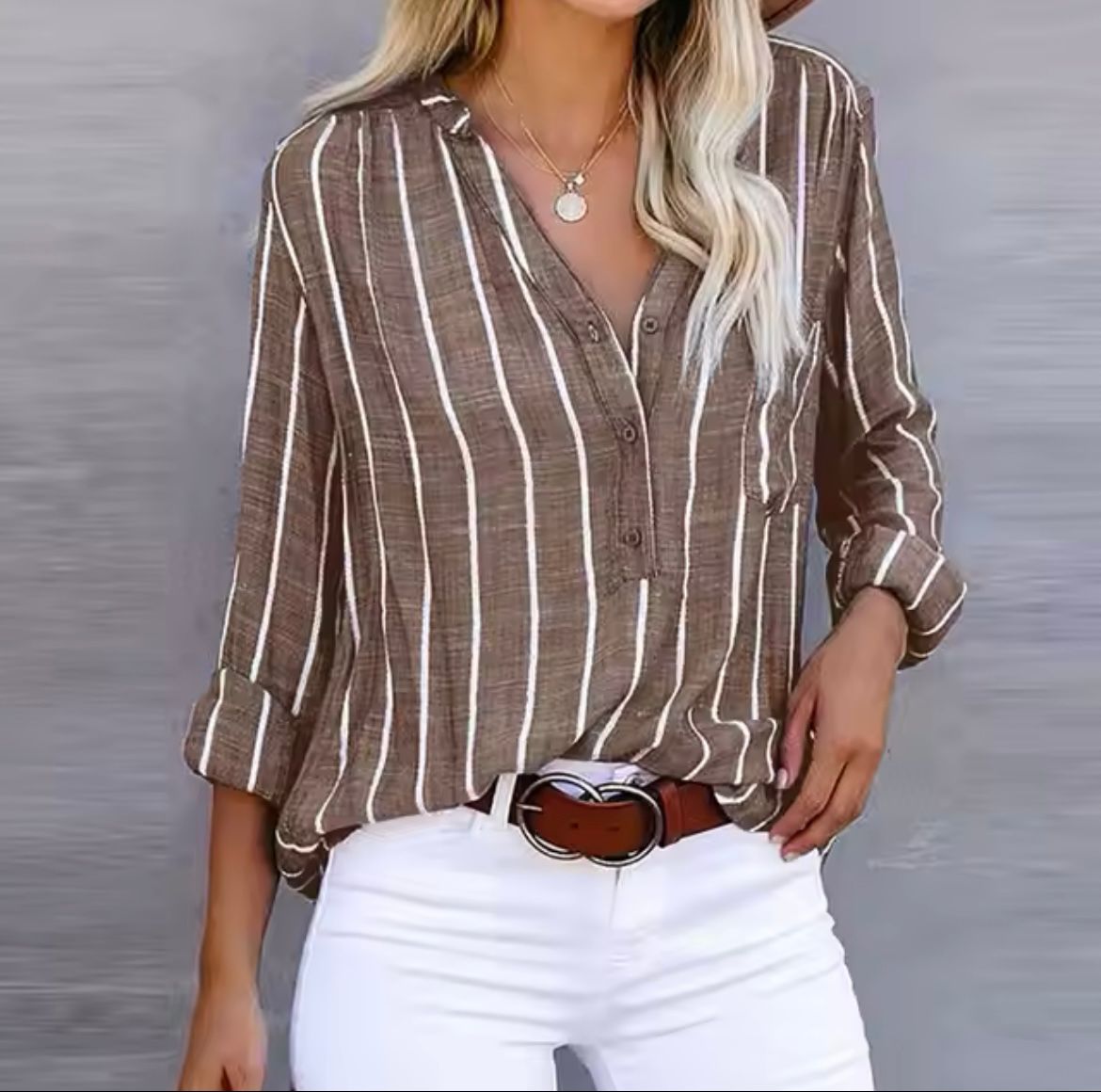 Lise™ striped summer blouse, button-front, 3/4 sleeves, brown with white vertical stripes