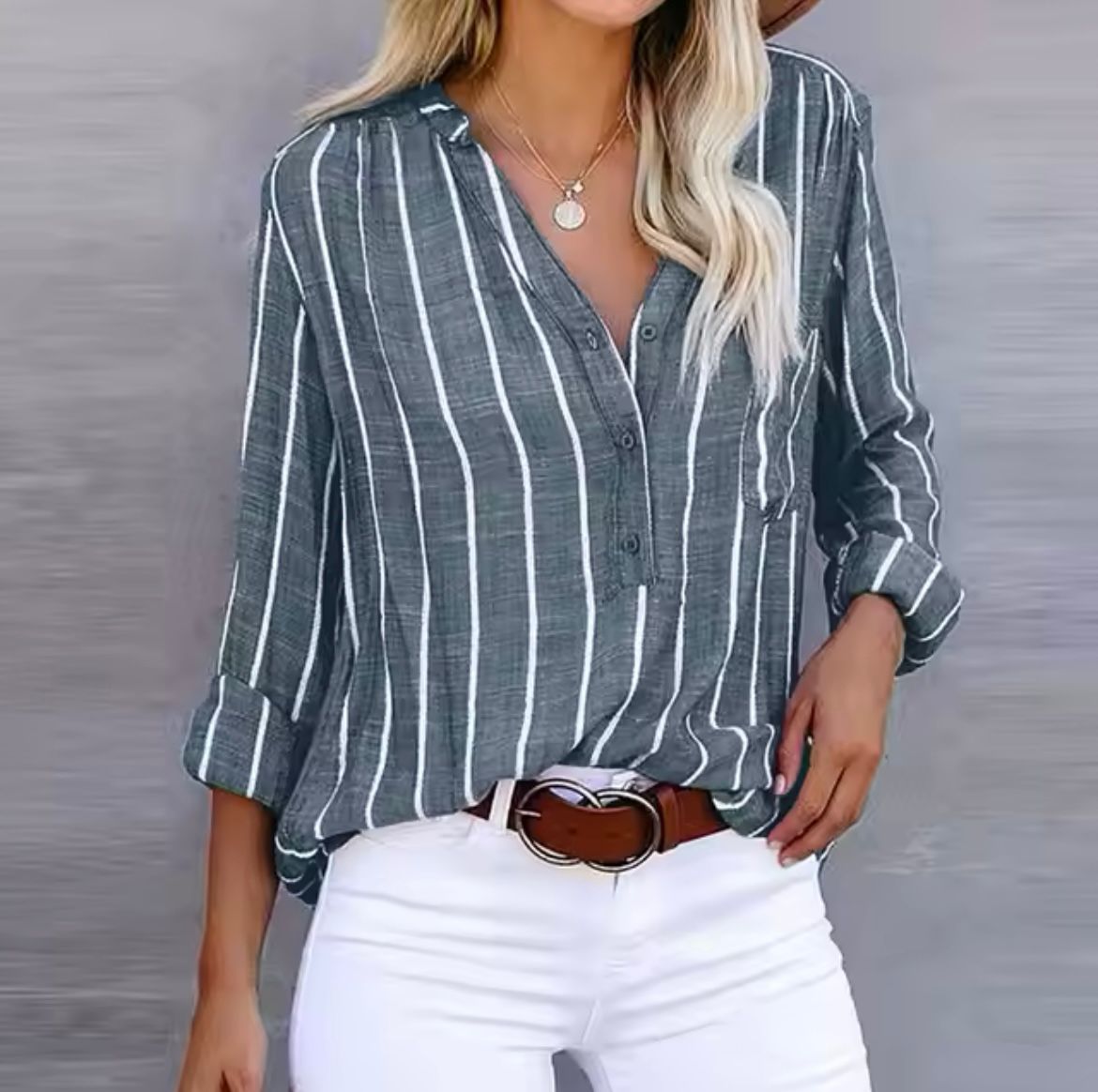 Lise™ striped summer blouse, button-front, 3/4 sleeves, dark gray-blue with white stripes