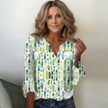 Women's airy blouse top with green, blue, and white vertical abstract print