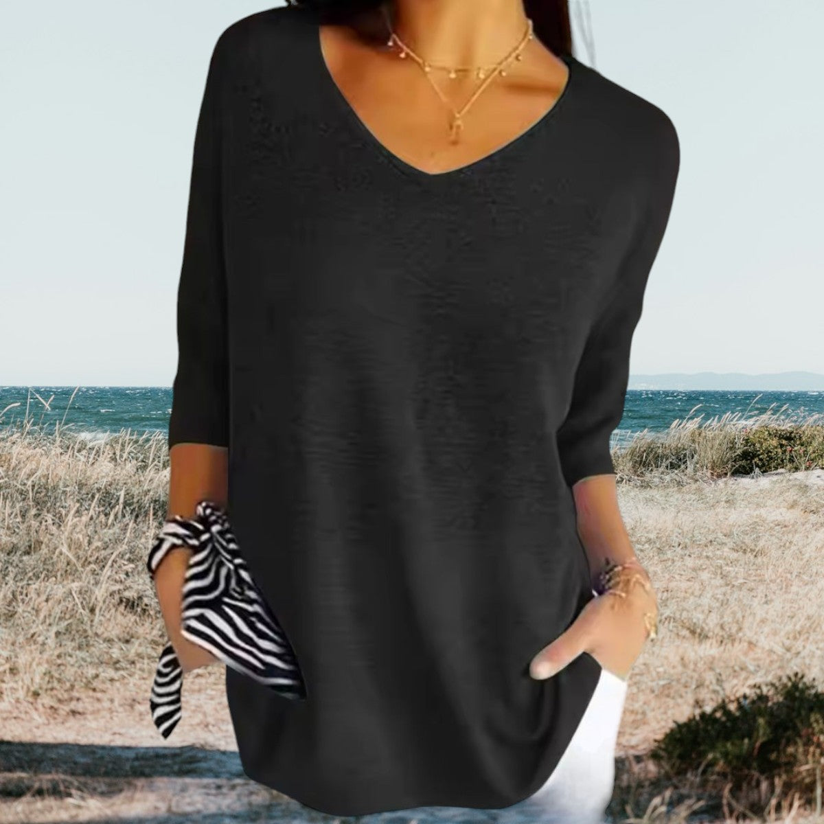 Gerda™ summer V-neck top, black knit pullover with 3/4 sleeves