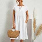 White short-sleeve tiered midi dress with crew neck and gathered waist