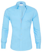 Light blue stretch zip shirt with point collar, button-front, long sleeves, zipper pull