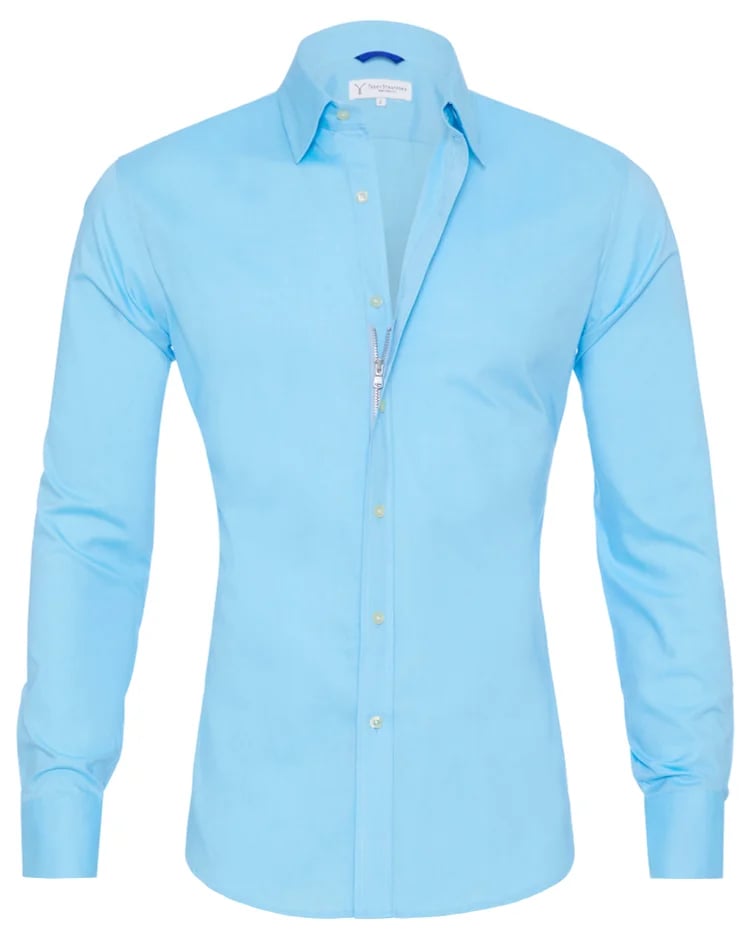 Light blue stretch zip shirt with point collar, button-front, long sleeves, zipper pull