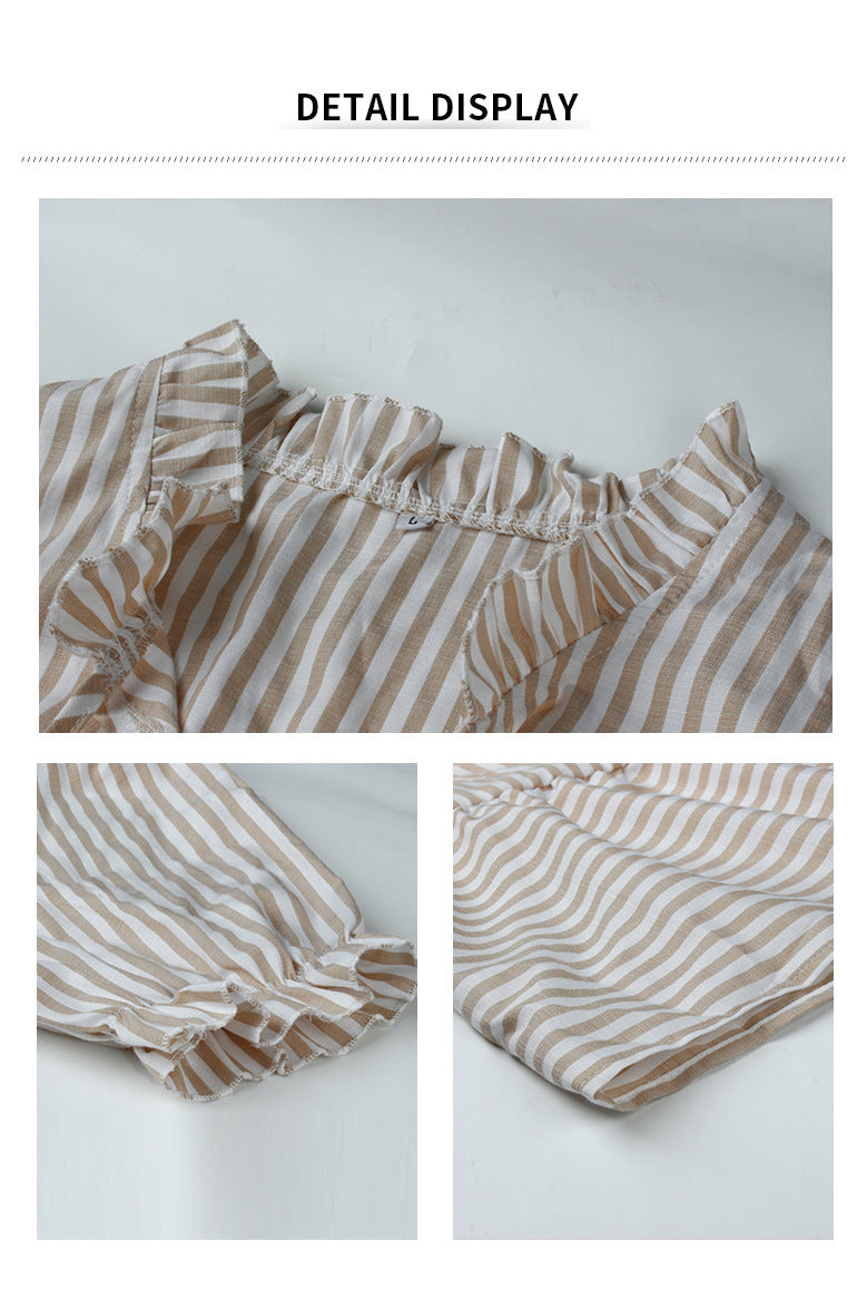 Striped dress detail: ruffled neckline and gathered cuffs in beige and brown