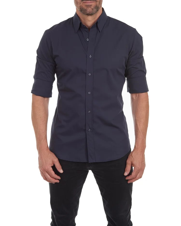 Dark navy zip-front button-up shirt with short sleeves and button placket