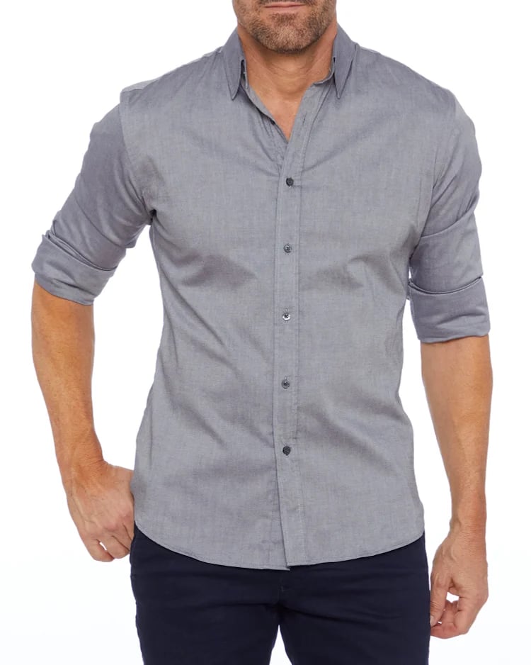 Light gray zip-front button-up shirt with short sleeves and button placket
