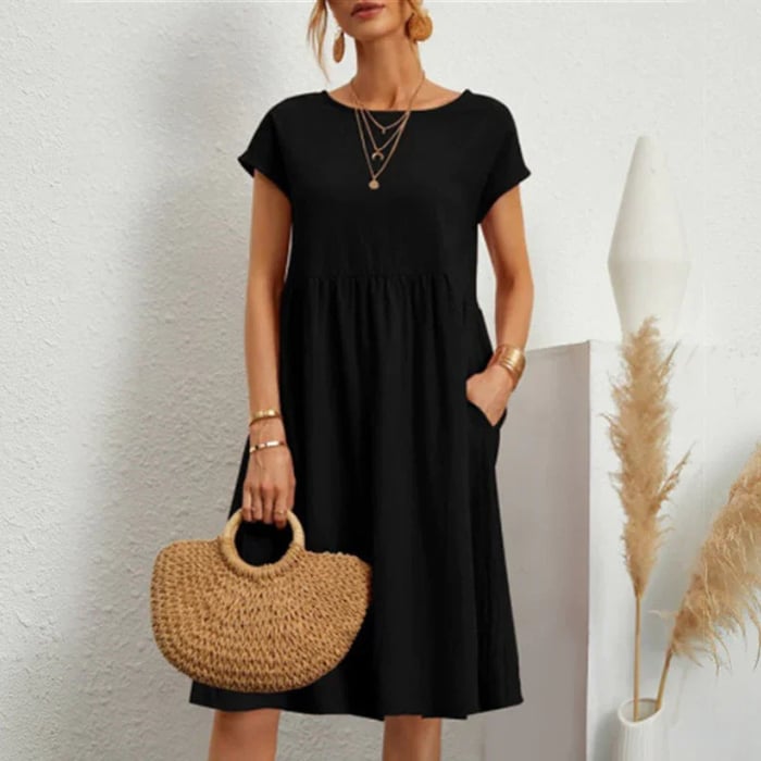 Sophie™ midi dress in black, short sleeves, gathered waist, loose A-line skirt